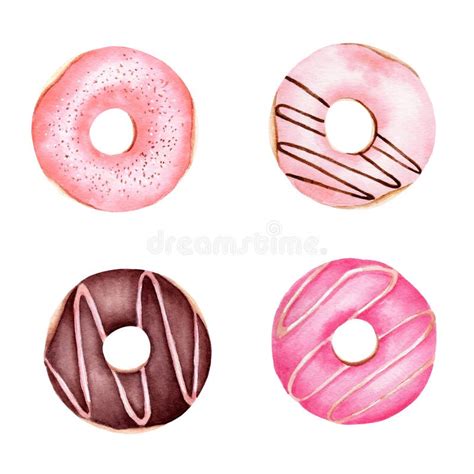 Watercolor Dessert Donuts Isolated On White Background Sweet Food