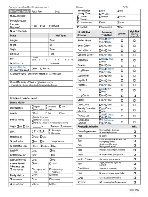 Fillable Online Comprehensive Health Assessment Form Years Old