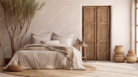 Premium Photo | Natural toned bedroom with wooden door dry plant and ...