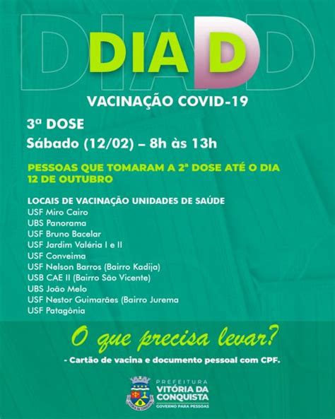 Sábado será dia D de vacinação da 3ª dose contra Covid 19 nas unidades