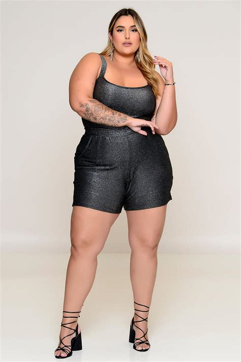 Conjunto Plus Size Cropped E Short Em Lurex Prata Vk Moda Plus Size