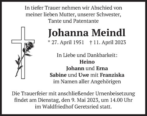 Traueranzeigen Von Johanna Meindl Trauer Merkur De