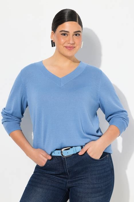 Pull Col En V Et Manches Longues Maille Fine Et Confortable Bleuet