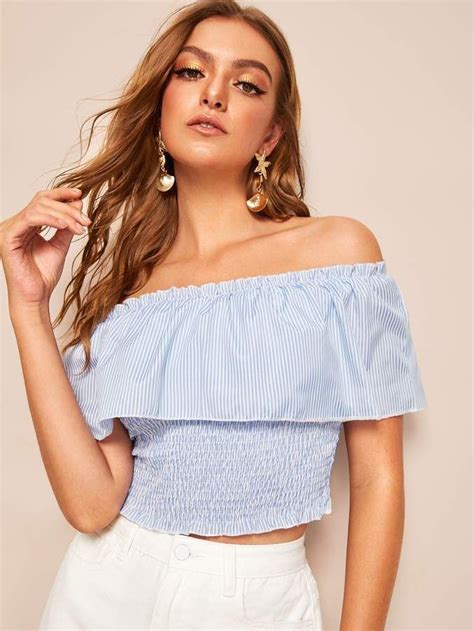 SHEIN Fold Bardot Shirred Striped Crop Top Striped Crop Top Striped