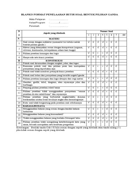 Format Analisis Butir Soal Pilihan Ganda Dan Uraian Pdf