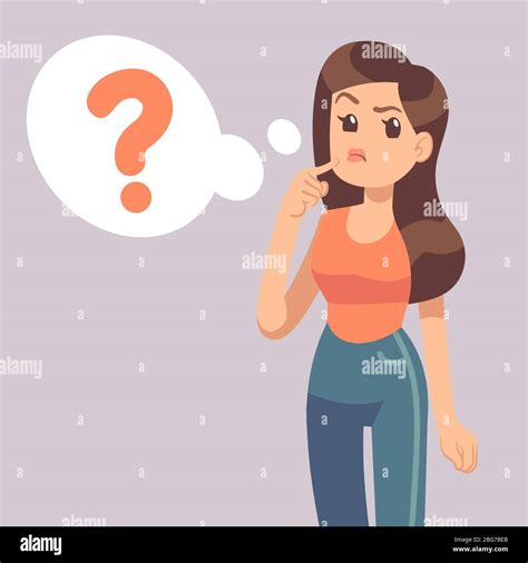 Cartoon Young Standing Woman Thinking With Question Mark In Think