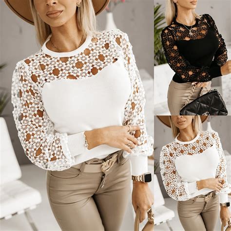 Elegante Blusa Branca Feminina Sexy Oco Painel De Renda Cor S Lida Em