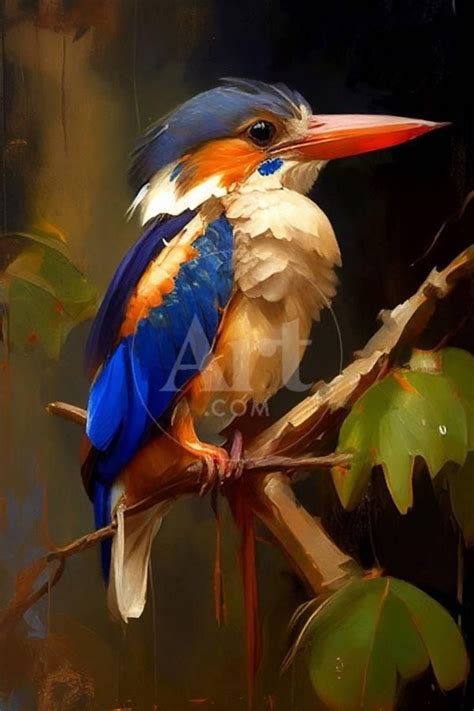 A Painting Of A Colorful Bird Sitting On A Tree Branch With Leaves