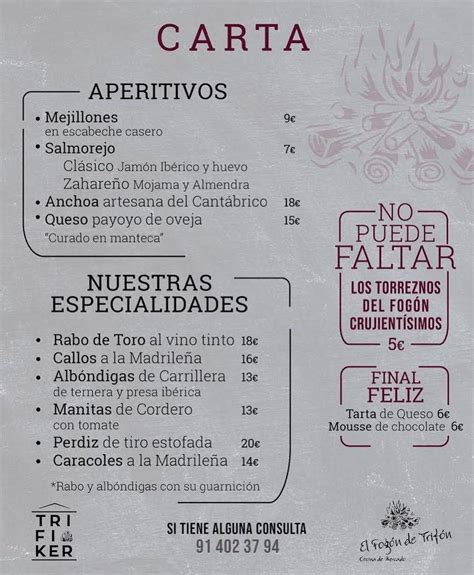 Carta del pub y bar El Fogón del Trifón Madrid