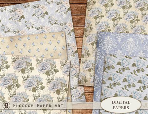 Vintage Digital Paper Blue Floral Papers Roses Digital Paper Etsy