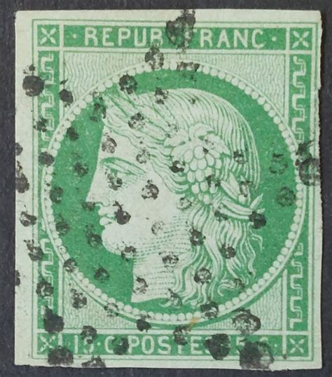 France 1850 Unserrated Ceres 15 C Green Signed CALVES Yvert 2