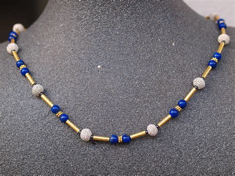 Designer Kette Silber 925 Tlw Vergoldet Granuliert Kugel Lapis Lazuli