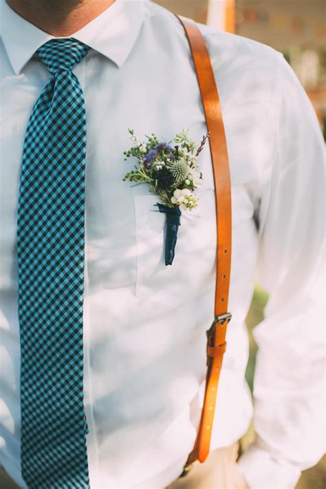 Leather Suspenders Checked Tie Blue Thistle And Snowberries Boutonniere