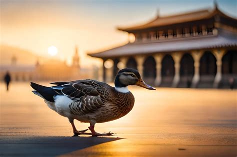 Un Pato Se Encuentra En Un Patio Frente A Un Templo Chino Foto Premium