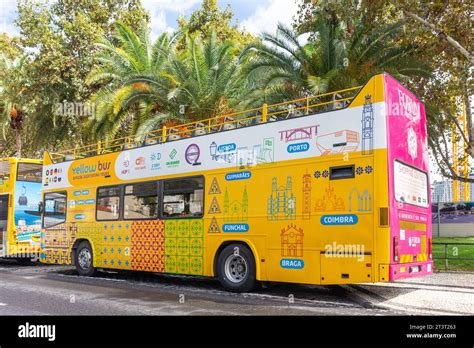 Yellow Bus Sightseeing Tour Coach On City Waterfront Avenue Do Mar