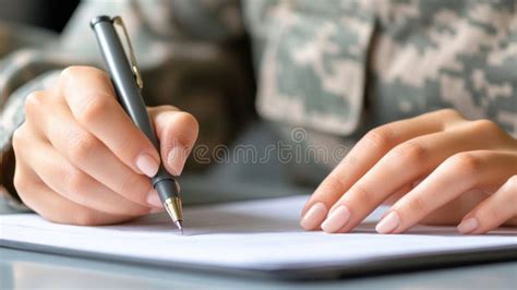 Military Personnel Writing On Paper With Pen In Camouflage Uniform Ai