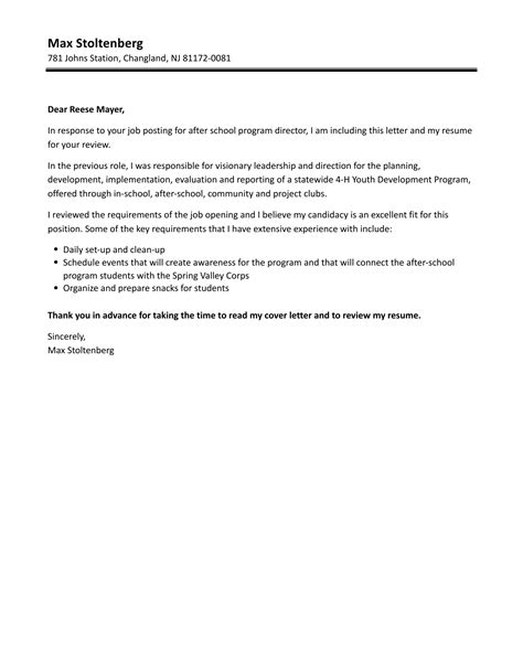 After School Program Director Cover Letter Velvet Jobs