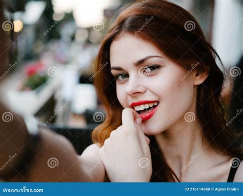 Romantic Woman With Red Lips Selfie Naked Shoulders Model Close Up Stock Photo Image Of Person