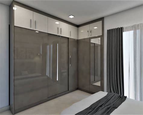 Modern L Shaped Glossy Grey Wardrobe Design With Sliding Doors Livspace