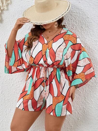 Shein Vcay Plus Allover Print Batwing Sleeve Knot Front Romper Shein Usa