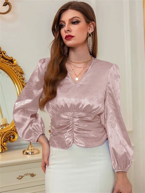 Jacquard Lantern Sleeve Ruched Satin Blouse Blusas Juveniles Moda Blusas De Moda Blusas Bonitas