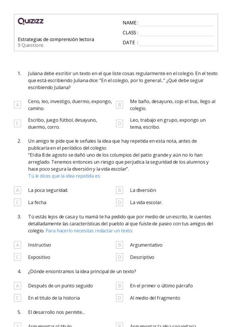 Estrategias De Comprensi N Lectora Hojas De Trabajo En Quizizz