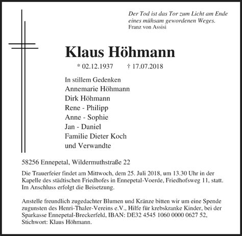 Traueranzeigen von Klaus Höhmann Trauer in NRW de