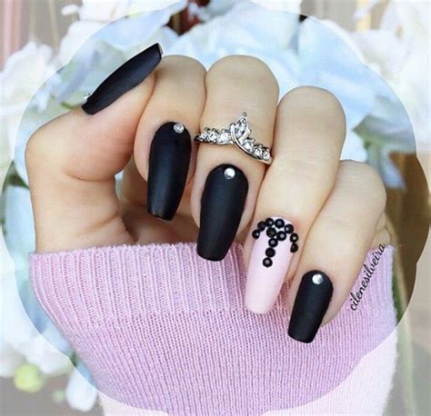 Acrylic Black Matte Nails And Rhinestones Rhinestone Nails Accent Nails Fancy Nails