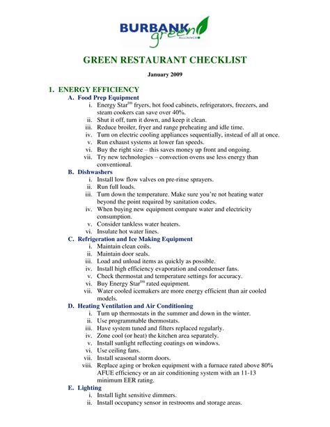 Green Restaurant Checklist Templates At