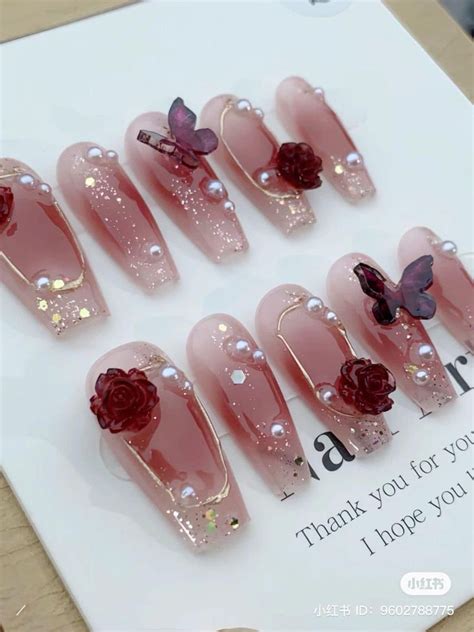 Clear Light Pink Glitter Butterfly Press On Nails Pink Glitter Nails