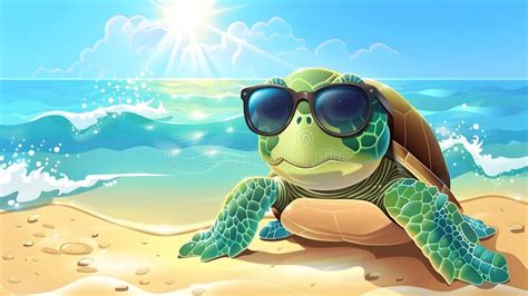 Adorable Cartoon Turtle Relaxing On A Sunny Tropical Beach Wearing