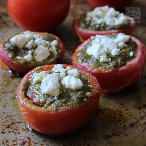 Roasted Baked Tomatoes With Pesto And Feta Cheese Manila Spoon