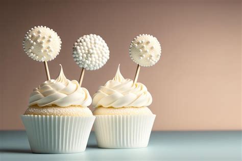 Três cupcakes brancos palitos como decorações simulam um cupcake