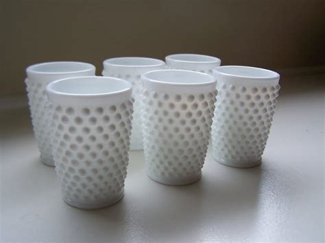 6 Hobnail Milk Glass Drinking Glasses