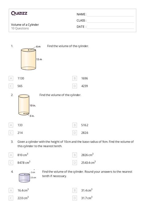 Volume Of A Cylinder Worksheets For Th Class On Quizizz Free