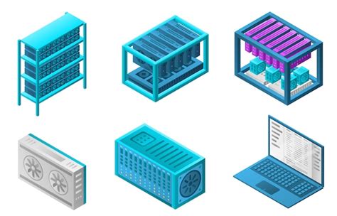 Conjunto de iconos bitcoin granja minera estilo isométrico Vector