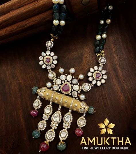 Emerald Beads Necklace With Polki Pendant Indian Jewellery Designs