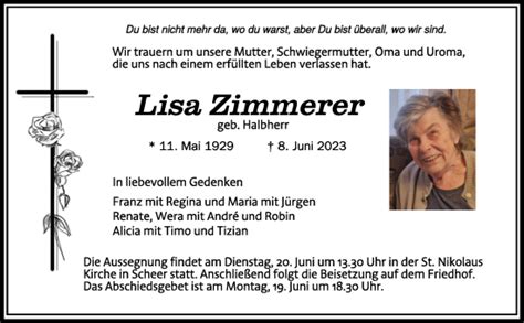 Traueranzeigen Von Lisa Zimmerer Schwaebische De Trauerportal