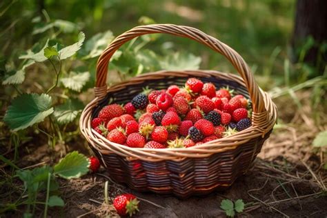 Fresas Maduras En Una Cesta De Mimbre En El Suelo Del Jard N Ia