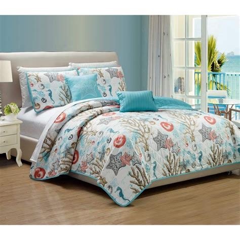 5 Piece Blue Coral Aqua Green White Queen Quilt Set Ocean Themed