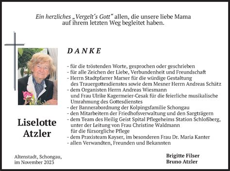 Traueranzeigen Von Liselotte Atzler Trauer Merkur De