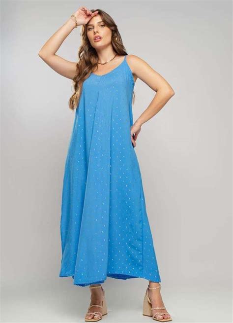 Vestido Midi Viscose Lurex Amarração Fashion Azul Salvatore