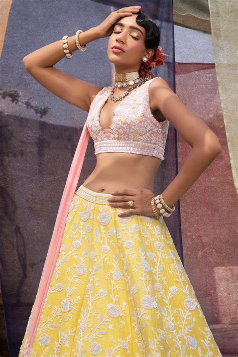 Buy Yellow Raw Silk Embroidery V Neck Lehenga Set For Women By Riantas