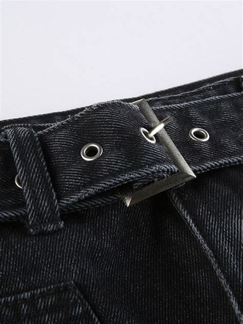 Emmiol Free Shipping 2024 Buckle Belt Denim Cargo Mini Skirt Black S In