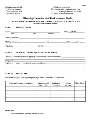 Fillable Online Deq State Ms Lbp Training Man Inst Qual Form