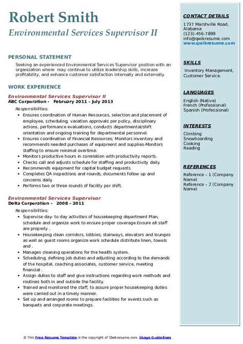 Environmental Services Supervisor Resume Samples Qwikresume