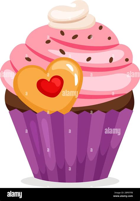 Muffin With Pink Cream And Heart Shape Cookie Vector Cupcake Illustration On White Background