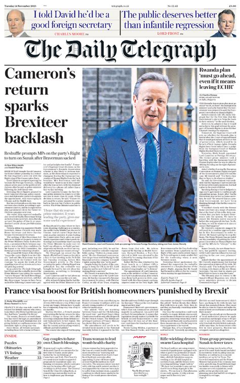 Daily Telegraph Front Page 14th Of November 2023 Tomorrows Papers Today