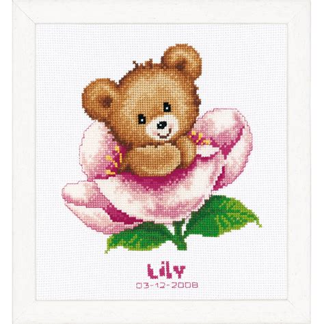 Flower Teddy Birth Record Counted Cross Stitch Kit By Vervaco