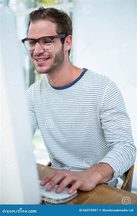 Handsome Hipster Working On Computer Stock Image Image Of Gorgeous